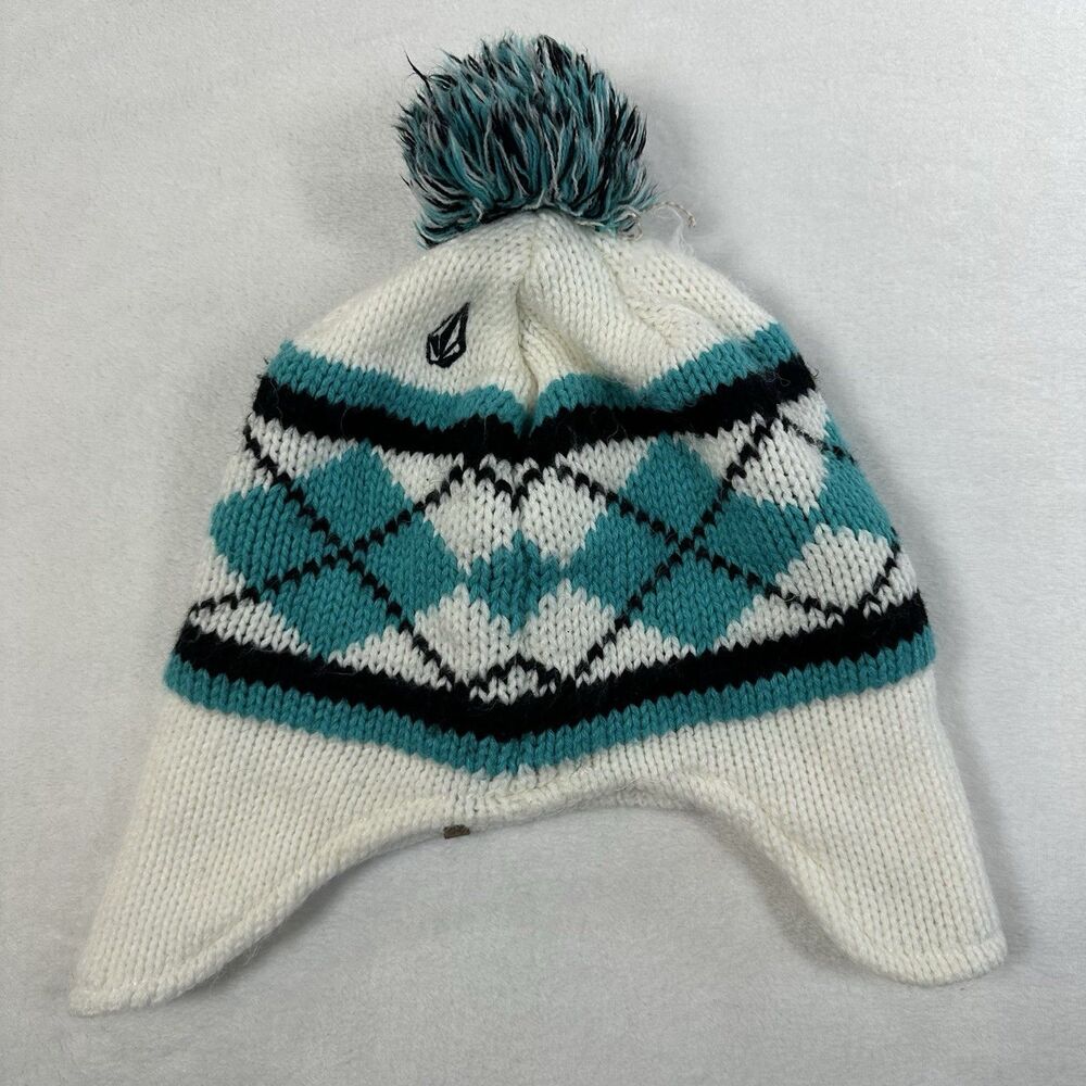 Volcom Womens Earflap Beanie Hat White Turquoise Black Argyle Pom Pom One Size